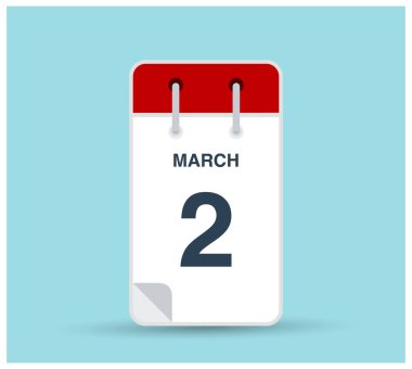 2 Mart takvim simgesi arkaplanda izole edildi. Haftanın her günü ve ayın kırmızı renginde Mart vektörü. Takvim tasarım vektör şablonu. Dikey yönelim.