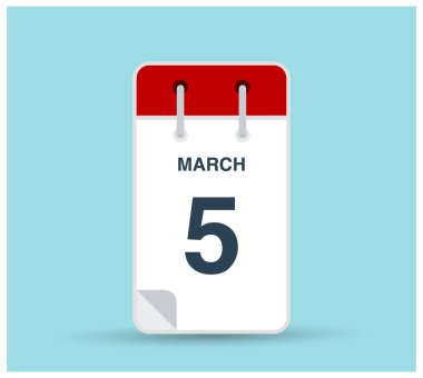 5 Mart takvim simgesi arkaplanda izole edildi. Haftanın her günü ve ayın kırmızı renginde Mart vektörü. Takvim tasarım vektör şablonu. Dikey yönelim.