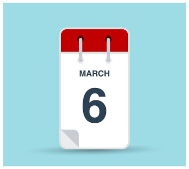 Arkaplanda 6 Mart takvim simgesi izole edildi. Haftanın her günü ve ayın kırmızı renginde Mart vektörü. Takvim tasarım vektör şablonu. Dikey yönelim.