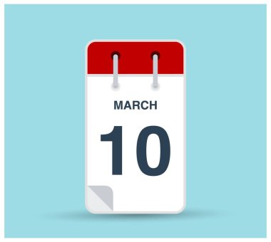 10 Mart takvim simgesi arkaplanda izole edildi. Haftanın her günü ve ayın kırmızı renginde Mart vektörü. Takvim tasarım vektör şablonu. Dikey yönelim.