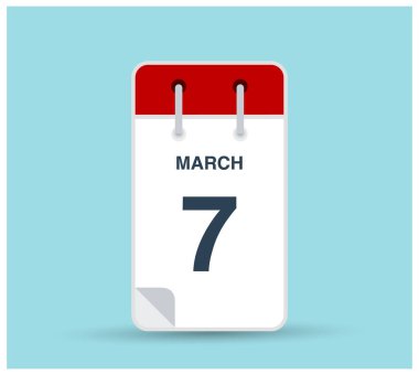 7 Mart takvim simgesi arkaplanda izole edildi. Haftanın her günü ve ayın kırmızı renginde Mart vektörü. Takvim tasarım vektör şablonu. Dikey yönelim.