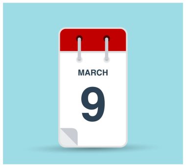 9 Mart takvim simgesi arkaplanda izole edildi. Haftanın her günü ve ayın kırmızı renginde Mart vektörü. Takvim tasarım vektör şablonu. Dikey yönelim.