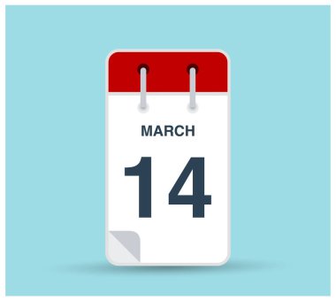 14 Mart takvim simgesi arka planda izole edildi. Haftanın her günü ve ayın kırmızı renginde Mart vektörü. Takvim tasarım vektör şablonu. Dikey yönelim.
