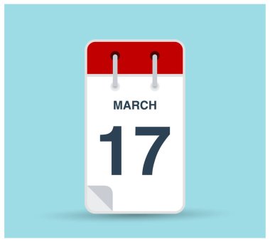 17 Mart takvim simgesi arka planda izole edildi. Haftanın her günü ve ayın kırmızı renginde Mart vektörü. Takvim tasarım vektör şablonu. Dikey yönelim.