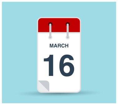 16 Mart takvim simgesi arkaplanda izole edildi. Haftanın her günü ve ayın kırmızı renginde Mart vektörü. Takvim tasarım vektör şablonu. Dikey yönelim.