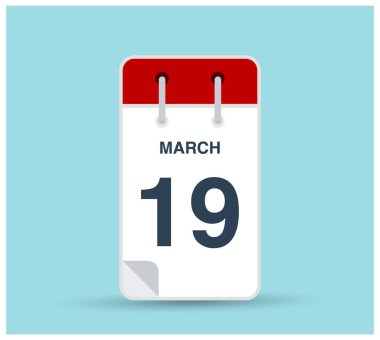 19 Mart takvim simgesi arka planda izole edildi. Haftanın her günü ve ayın kırmızı renginde Mart vektörü. Takvim tasarım vektör şablonu. Dikey yönelim.