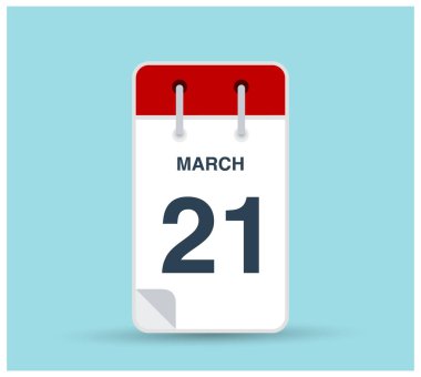 Arka planda 21 Mart takvim simgesi izole edildi. Haftanın her günü ve ayın kırmızı renginde Mart vektörü. Takvim tasarım vektör şablonu. Dikey yönelim.