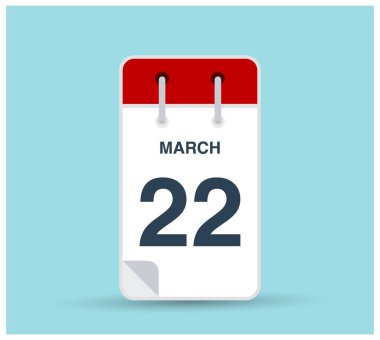 22 Mart takvim simgesi arka planda izole edildi. Haftanın her günü ve ayın kırmızı renginde Mart vektörü. Takvim tasarım vektör şablonu. Dikey yönelim.