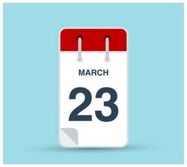 23 Mart takvim simgesi arka planda izole edildi. Haftanın her günü ve ayın kırmızı renginde Mart vektörü. Takvim tasarım vektör şablonu. Dikey yönelim.