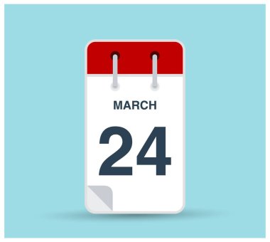 Arkaplanda 24 Mart takvim simgesi izole edildi. Haftanın her günü ve ayın kırmızı renginde Mart vektörü. Takvim tasarım vektör şablonu. Dikey yönelim.