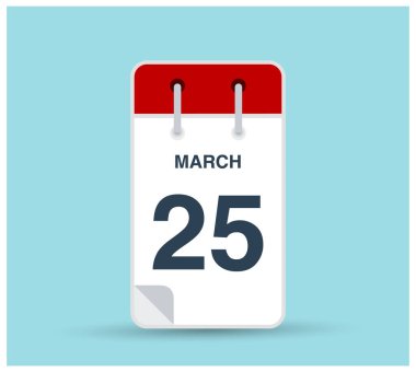 25 Mart takvim simgesi arkaplanda izole edildi. Haftanın her günü ve ayın kırmızı renginde Mart vektörü. Takvim tasarım vektör şablonu. Dikey yönelim.