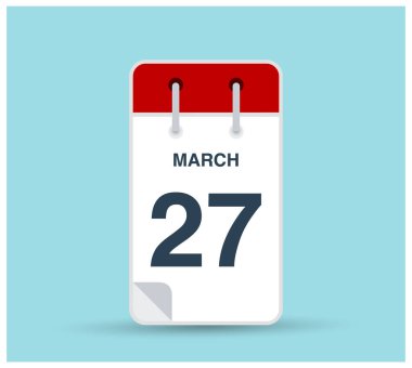 27 Mart takvim simgesi arka planda izole edildi. Haftanın her günü ve ayın kırmızı renginde Mart vektörü. Takvim tasarım vektör şablonu. Dikey yönelim.
