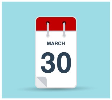 30 Mart takvim simgesi arkaplanda izole edildi. Haftanın her günü ve ayın kırmızı renginde Mart vektörü. Takvim tasarım vektör şablonu. Dikey yönelim.