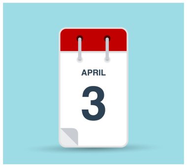 3 Nisan takvim simgesi arkaplanda izole edildi. Haftanın her günü ve ayın kırmızı renginde Mart vektörü. Takvim tasarım vektör şablonu. Dikey yönelim.