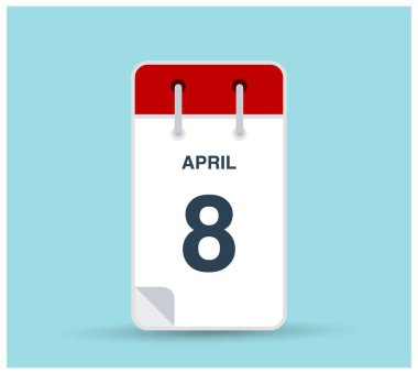 8 Nisan takvim simgesi arkaplanda izole edildi. Haftanın her günü ve ayın kırmızı renginde Mart vektörü. Takvim tasarım vektör şablonu. Dikey yönelim.