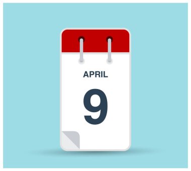 9 Nisan takvim simgesi arkaplanda izole edildi. Haftanın her günü ve ayın kırmızı renginde Mart vektörü. Takvim tasarım vektör şablonu. Dikey yönelim.