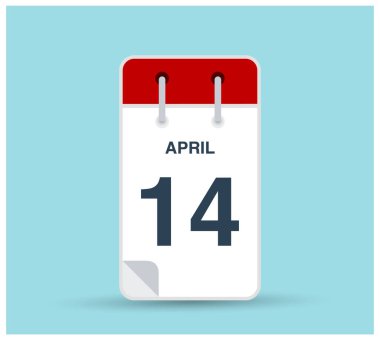 14 Nisan takvim simgesi arka planda izole edildi. Haftanın her günü ve ayın kırmızı renginde Mart vektörü. Takvim tasarım vektör şablonu. Dikey yönelim.