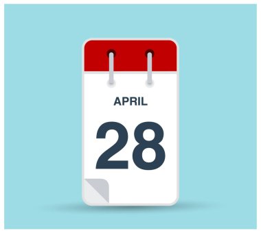 28 Nisan takvim simgesi arka planda izole edildi. Haftanın her günü ve ayın kırmızı renginde Mart vektörü. Takvim tasarım vektör şablonu. Dikey yönelim.