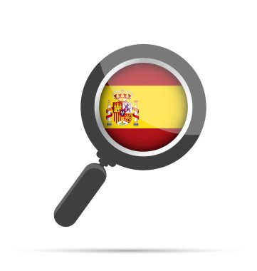 İçinde İspanyol bayrağı olan bir büyüteçin düz vektör çizimi. İspanya ile ilgili arama, odaklanma ya da analizi temsil eder. Temiz, modern tasarım, beyaz üzerine izole, politik, eğitici veya editoryal amaçlar için ideal