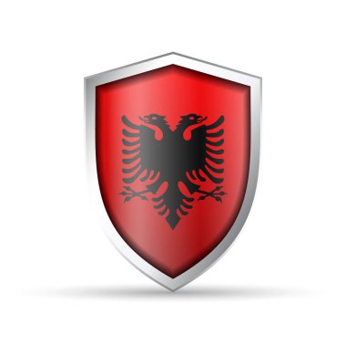 Arnavutluk 'un ulusal bayrağını taşıyan parlak vektör kalkanı ikonu. Vatansever, kültürel ya da seyahat tasarımları için idealdir. Hem yazdırma hem de dijital kullanım için tam ölçeklenebilir.