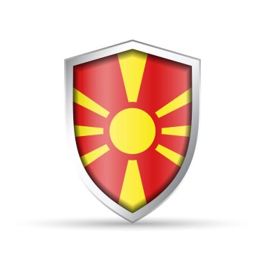 Kuzey Makedonya 'nın ulusal bayrağını taşıyan parlak vektör kalkanı ikonu. Vatansever, kültürel ya da seyahat tasarımları için idealdir. Hem yazdırma hem de dijital kullanım için tam ölçeklenebilir.
