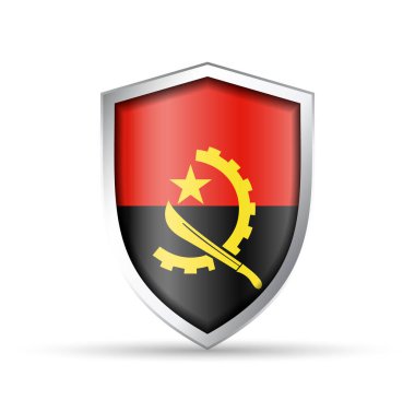 Angola 'nın ulusal bayrağını taşıyan parlak vektör kalkanı simgesi. Vatansever, kültürel ya da seyahat temalı tasarımlar için idealdir. Hem yazdırma hem de dijital kullanım için tam ölçeklenebilir.