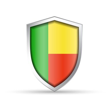 Benin 'in ulusal bayrağını taşıyan parlak vektör kalkanı simgesi. Vatansever, kültürel ya da seyahat temalı tasarımlar için idealdir. Hem yazdırma hem de dijital kullanım için tam ölçeklenebilir.