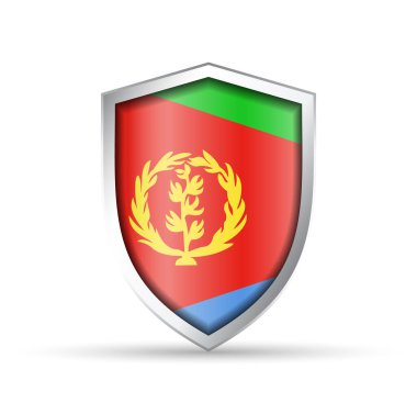 Eritre 'nin ulusal bayrağını taşıyan parlak vektör kalkanı simgesi. Vatansever, kültürel ya da seyahat temalı tasarımlar için idealdir. Hem yazdırma hem de dijital kullanım için tam ölçeklenebilir.