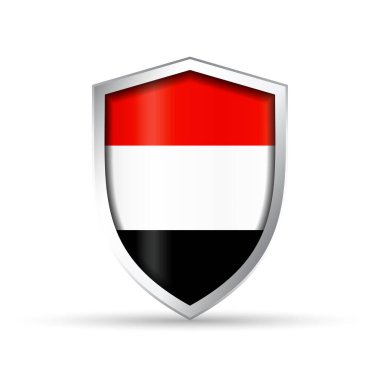 Yemen 'in ulusal bayrağını taşıyan parlak vektör kalkanı simgesi. Vatansever, kültürel ya da seyahat temalı tasarımlar için idealdir. Hem yazdırma hem de dijital kullanım için tam ölçeklenebilir.