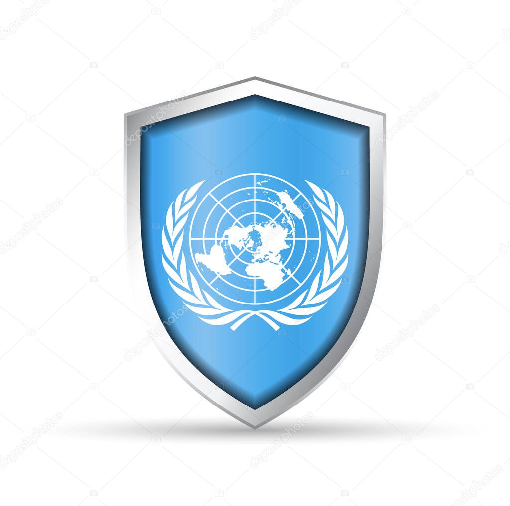 Glossy vector shield icon featuring the official flag of the United Nations. Ideal for diplomatic, peacekeeping, or educational designs. Fully scalable for print and digital use.