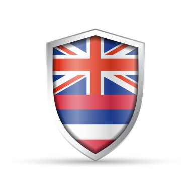 Hawaii bayrağını taşıyan ışıltılı vektör kalkanı simgesi. Vatansever, tarihi ya da seyahat temalı tasarımlar için idealdir. Hem yazdırma hem de dijital kullanım için tam ölçeklenebilir.