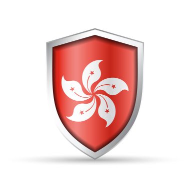 Hong Kong bayrağını taşıyan ışıltılı vektör kalkanı simgesi. Vatansever, kültürel ya da seyahat temalı tasarımlar için idealdir. Hem yazdırma hem de dijital kullanım için tam ölçeklenebilir.
