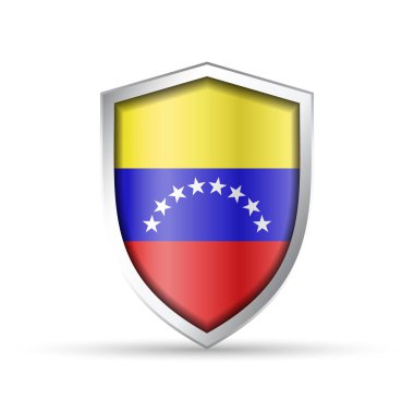 Venezuela 'nın ulusal bayrağını taşıyan parlak vektör kalkanı simgesi. Vatansever, kültürel ya da seyahat temalı tasarımlar için idealdir. Hem yazdırma hem de dijital kullanım için tam ölçeklenebilir.