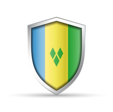 Saint Vincent ve Grenadinler 'in bayrağını taşıyan parlak vektör kalkanı simgesi. Vatansever, kültürel ya da seyahat tasarımları için idealdir. Hem yazdırma hem de dijital kullanım için tam ölçeklenebilir.