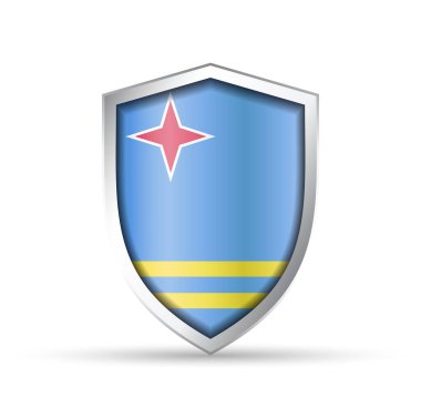 Ulusal Aruba bayrağını taşıyan ışıltılı vektör kalkanı simgesi. Vatansever, kültürel ya da seyahat temalı tasarımlar için idealdir. Hem yazdırma hem de dijital kullanım için tam ölçeklenebilir.
