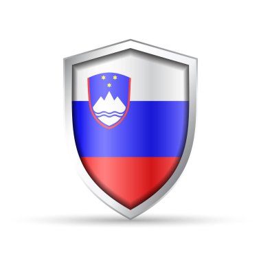 Slovenya bayrağının yer aldığı parlak vektör kalkanı ikonu. Vatansever, kültürel ya da seyahat temalı tasarımlar için idealdir. Hem yazdırma hem de dijital kullanım için tam ölçeklenebilir.