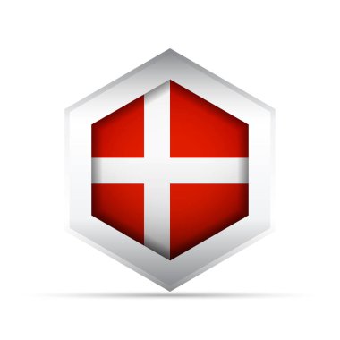 Danimarka ulusal bayrağının 3 boyutlu vektör simgesi. Altıgenin içinde kırmızı üzerine beyaz bir İskandinav haçı. Bilgi grafikleri, haritalar, eğitim, UI ve kültürel veya vatansever çizimler için mükemmel.
