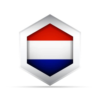 Hollanda ulusal bayrağının 3 boyutlu vektör simgesi. Altıgen içinde kırmızı, beyaz ve mavi yatay üç renkli. Bilgi grafikleri, haritalar, eğitim, UI ve kültürel veya vatansever kullanım için ideal.