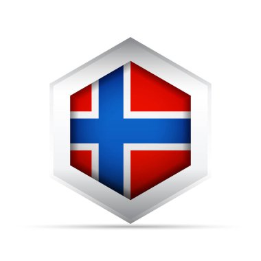 Norveç ulusal bayrağının 3 boyutlu vektör simgesi. Altıgen içinde kırmızı ve beyaz üzerinde mavi İskandinav haçı var. Bilgi grafikleri, haritalar, eğitim, UI ve vatansever veya kültürel tasarımlar için ideal.
