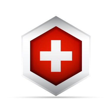 İsviçre ulusal bayrağının 3 boyutlu vektör simgesi. Altıgenin içinde kırmızı üzerine beyaz haç çizilmiş. Bilgi grafikleri, haritalar, UI, eğitim, tıp veya vatanseverlik temalı çizimler için mükemmel.