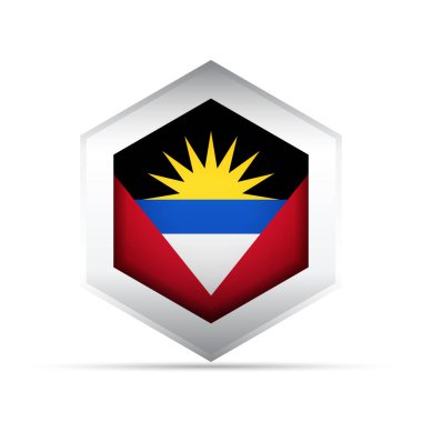 Antigua ve Barbuda bayrağının siyah, mavi, beyaz ve kırmızı renkleriyle üç boyutlu vektör ikonu ve altıgen içinde yükselen altın bir güneş. Bilgi grafikleri, haritalar, UI ve vatansever içerik için ideal