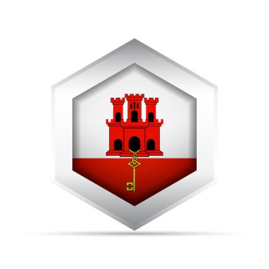 Cebelitarık bayrağının 3 boyutlu vektör simgesi. Altıgen içinde kırmızı ve beyaz arka plan üzerinde kırmızı bir kale ve altın anahtar var. Bilgi grafikleri, haritalar, UI, eğitim ve kültürel içerik için ideal