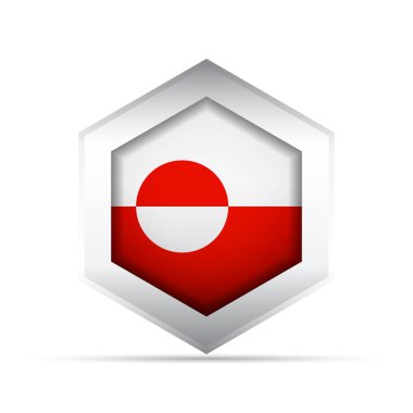 Grönland bayrağının 3 boyutlu vektör simgesi, kırmızı ve beyaz alanlar ve altıgen içinde bir çember motifi. Bilgi grafikleri, haritalar, UI, eğitim ve kültürel veya bölgesel temalı tasarımlar için ideal.