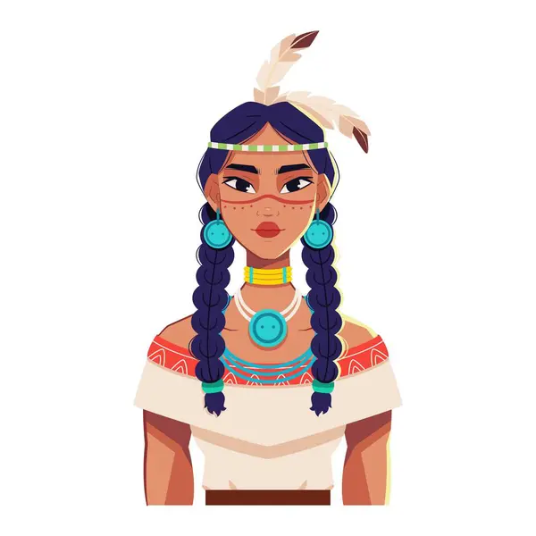 Nativní Americká Indická Žena Karikatura Ilustrace Izolované — Stockový vektor