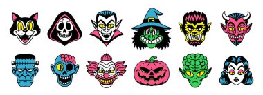 Retro Çizgi Film Komik Canavarlar Cadılar Bayramı Seti