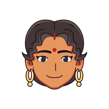 Genç gülümseyen Hindu Kadın Avatar Çizgi Film Çizimi İzole Edildi