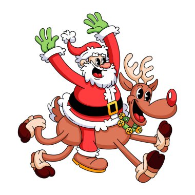 Retro Karikatür Noel Baba Ren Geyiği Noel Karakteri Harika Çizim İzole Edildi