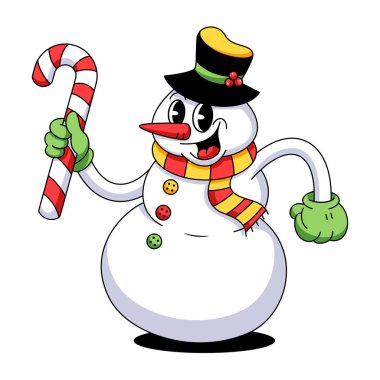 Retro Çizgi Film Noel Kardan Adam Şeker Çubuğu Karakteri Harika Çizim İzole Edildi