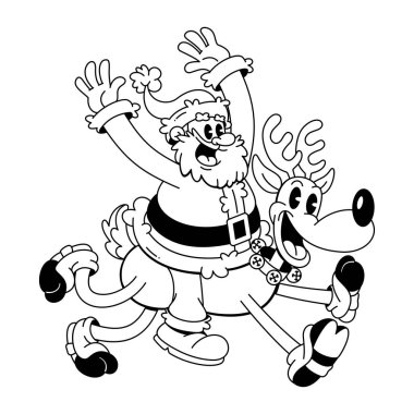 Retro Karikatür Noel Baba Ren Geyiği Noel Karakteri Harika Çizim İzole Edildi