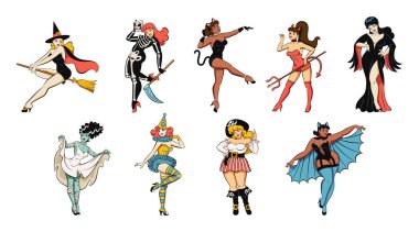 Güzel Kız Karakterleri Cadılar Bayramı Çizgi Filmi Retro Tarzını Tak Çizim Çizimi İzole Edildi